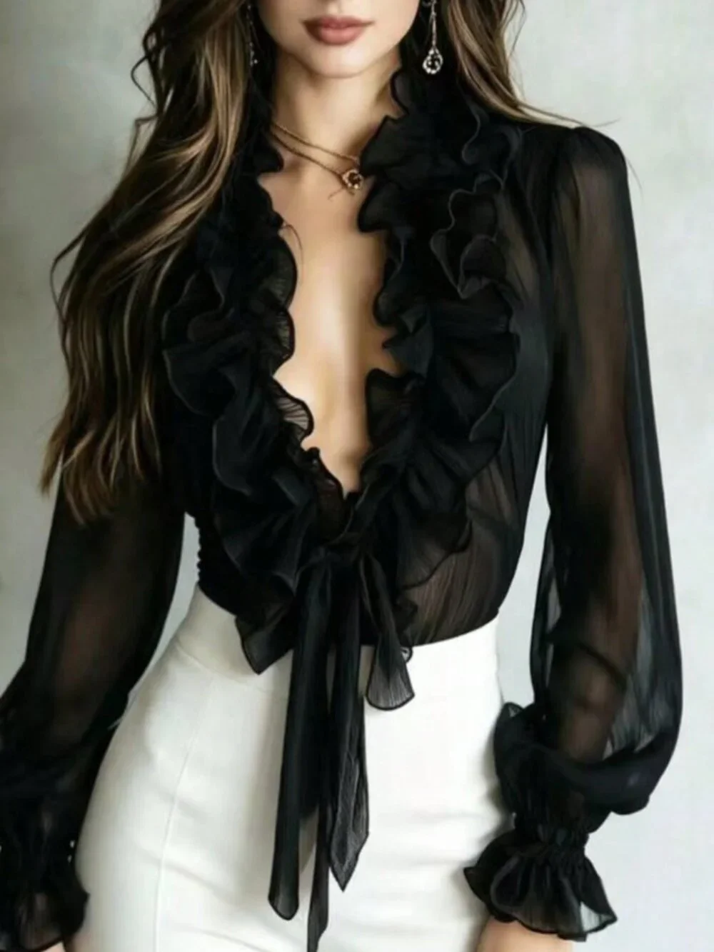Black Elegant Women's Loose Plain Ruffle V-Neck Tie-Front Draped Blouse